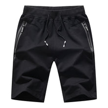 Load image into Gallery viewer, Black Zipper Pocket Solid Drawstring Cotton Blended Shorts For Casual Shorts