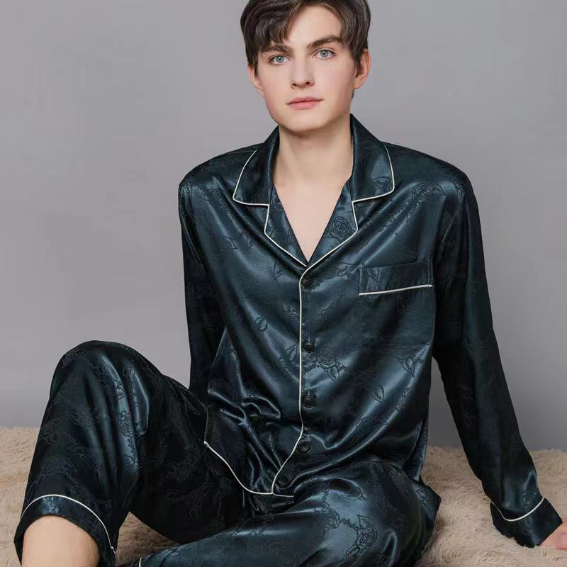 Men Pajamas Set Long Sleeve Handmade Silk Satin Sleepwear Homewear