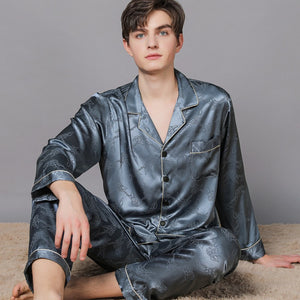 Jacquard Lapel Silk Satin Long Sleeve Pants Pajama Set Men's Homewear