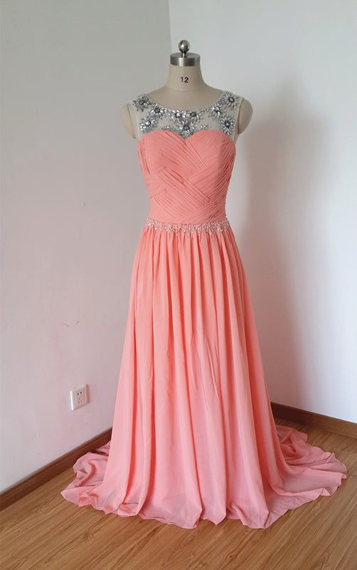 V-back Long Light Coral Chiffon Beaded Prom Dress with Long Train –  DressCulture