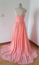 Load image into Gallery viewer, V-back Long Light Coral Chiffon Beaded Prom Dress with Long Train