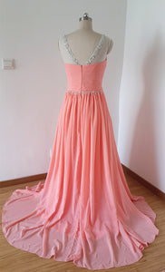 V-back Long Light Coral Chiffon Beaded Prom Dress with Long Train