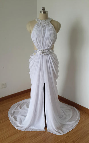 Sexy Long White Chiffon Beaded Prom Dress with Long Train