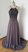 Load image into Gallery viewer, Sexy Backless Spaghetti Straps Long Grey Purple Chiffon Beaded Prom Dress with Long Train