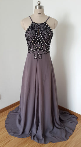 Sexy Backless Spaghetti Straps Long Grey Purple Chiffon Beaded Prom Dress with Long Train