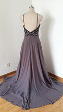 Load image into Gallery viewer, Sexy Backless Spaghetti Straps Long Grey Purple Chiffon Beaded Prom Dress with Long Train