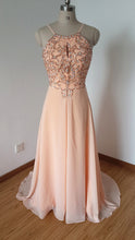 Load image into Gallery viewer, Sexy Backless Spaghetti Straps Long Light Peach Chiffon Beaded Prom Dress with Long Train