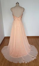 Load image into Gallery viewer, Sexy Backless Spaghetti Straps Long Light Peach Chiffon Beaded Prom Dress with Long Train