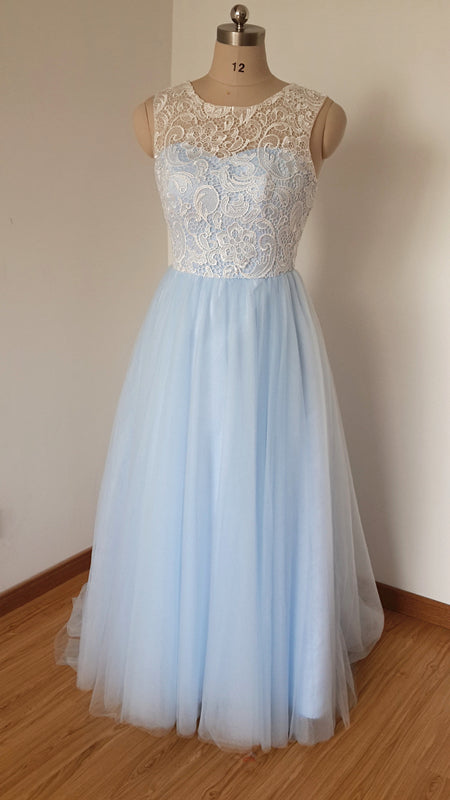 Scoop Sweetheart Long Ivory Lace Light Sky Blue Tulle Prom Dress with Back Buttons