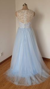 Scoop Sweetheart Long Ivory Lace Light Sky Blue Tulle Prom Dress with Back Buttons