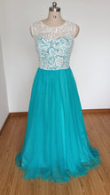 Load image into Gallery viewer, Scoop Sweetheart Long Ivory Lace Teal Tulle Prom Dress with Back Buttons