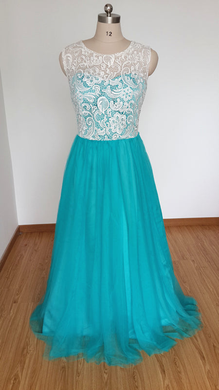 Scoop Sweetheart Long Ivory Lace Teal Tulle Prom Dress with Back Buttons