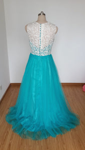 Scoop Sweetheart Long Ivory Lace Teal Tulle Prom Dress with Back Buttons