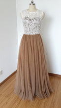 Load image into Gallery viewer, Scoop Sweetheart Long Ivory Lace Tan Tulle Prom Dress with Back Buttons