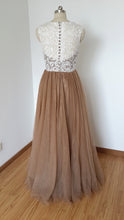 Load image into Gallery viewer, Scoop Sweetheart Long Ivory Lace Tan Tulle Prom Dress with Back Buttons