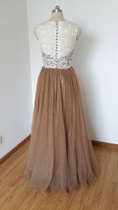 Scoop Sweetheart Long Ivory Lace Tan Tulle Prom Dress with Back Buttons