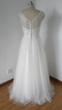 Load image into Gallery viewer, V-back Long Ivory Lace Tulle Prom Dress with Back Buttons