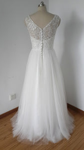 V-back Long Ivory Lace Tulle Prom Dress with Back Buttons