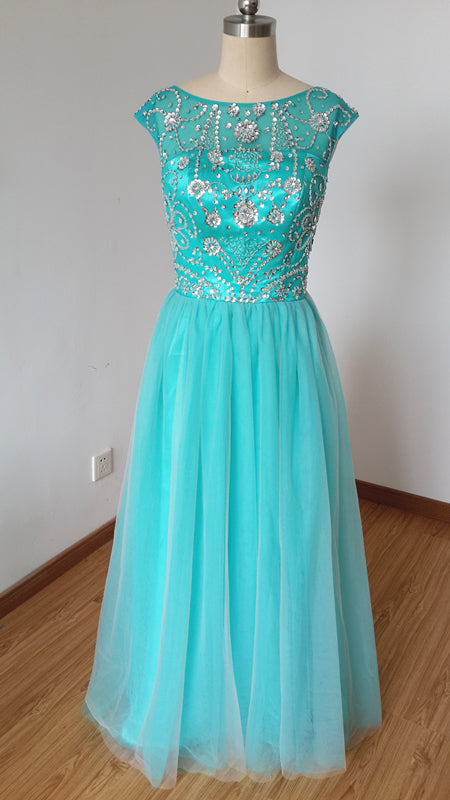 Cap Sleeves V-back Long Turquoise Tulle Beaded Prom Dress