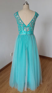 Cap Sleeves V-back Long Turquoise Tulle Beaded Prom Dress