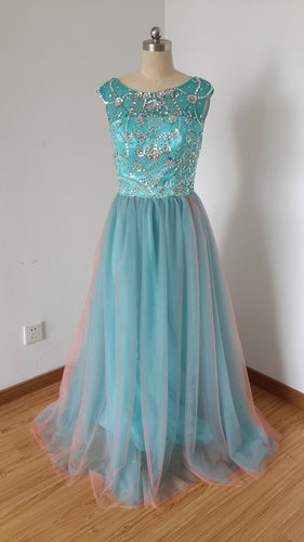 Cap Sleeves V-back Long Tulle Beaded Prom Dress