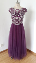 Load image into Gallery viewer, Cap Sleeves V-back Long Grape Tulle Beaded Prom Dress