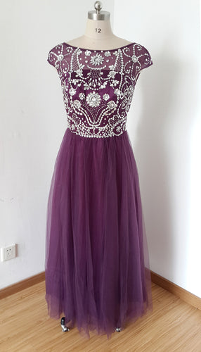 Cap Sleeves V-back Long Grape Tulle Beaded Prom Dress