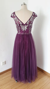 Cap Sleeves V-back Long Grape Tulle Beaded Prom Dress