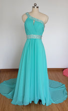 Load image into Gallery viewer, One-shoulder Long Turquoise Blue Chiffon Beaded Prom Dress with Long Train