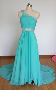 One-shoulder Long Turquoise Blue Chiffon Beaded Prom Dress with Long Train