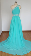 Load image into Gallery viewer, One-shoulder Long Turquoise Blue Chiffon Beaded Prom Dress with Long Train