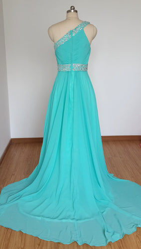 One-shoulder Long Turquoise Blue Chiffon Beaded Prom Dress with Long Train