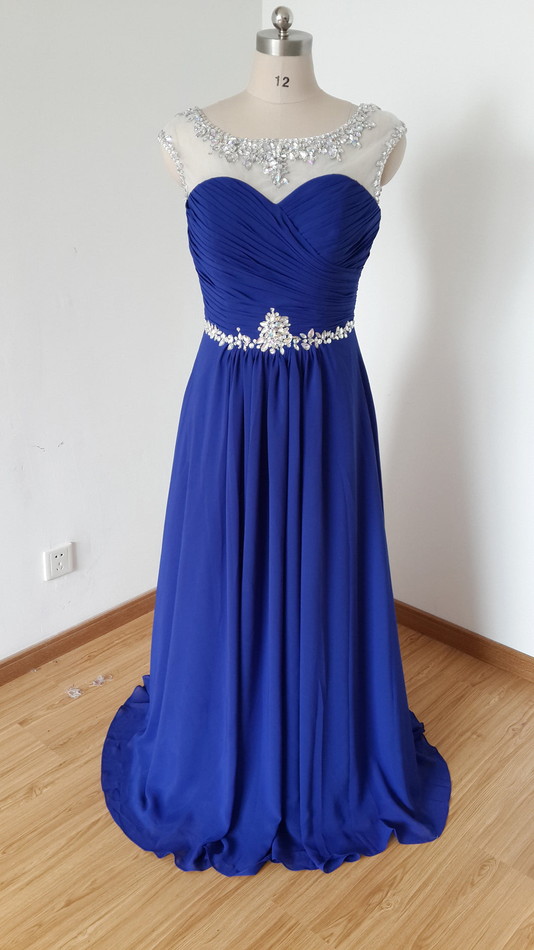 Gorgeous V-back Long Royal Blue Chiffon Beaded Prom Dress