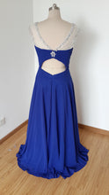 Load image into Gallery viewer, Gorgeous V-back Long Royal Blue Chiffon Beaded Prom Dress