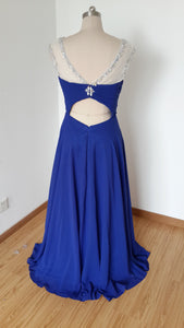 Gorgeous V-back Long Royal Blue Chiffon Beaded Prom Dress