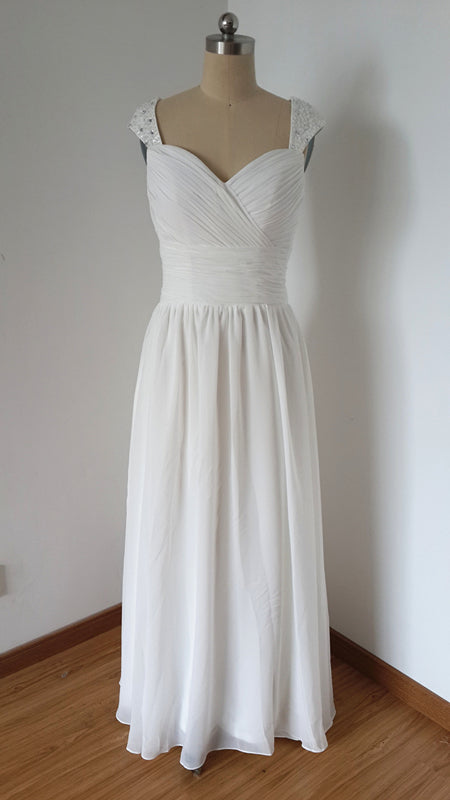 Cap Sleeves Sweetheart Long Ivory Chiffon Beaded Prom Dress