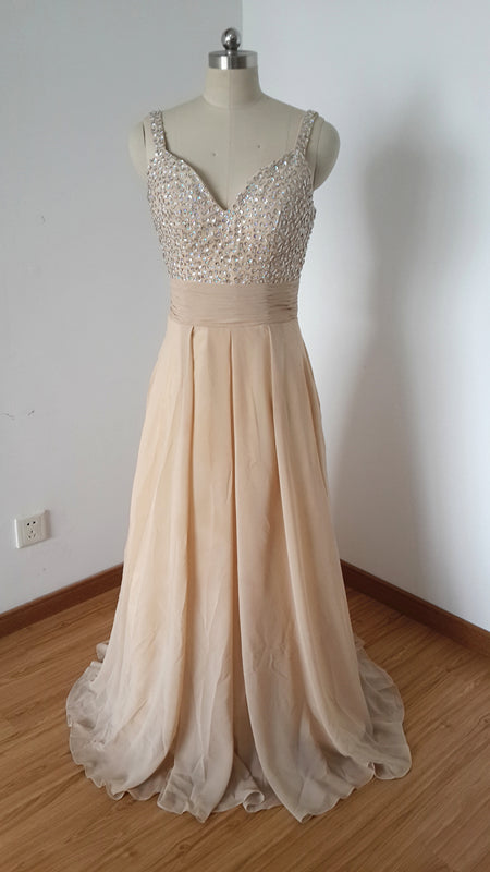 Backless Straps Long Champagne Chiffon Beaded Prom Dress