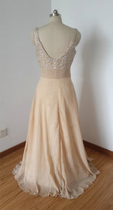 Backless Straps Long Champagne Chiffon Beaded Prom Dress