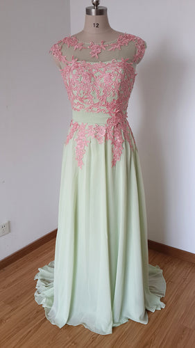 V-back Long Sage Chiffon Prom Dress with Lace Appliques