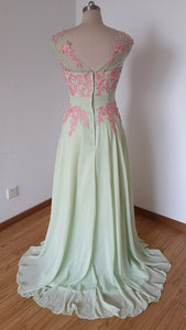 V-back Long Sage Chiffon Prom Dress with Lace Appliques