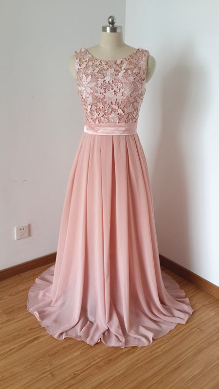 Scoop Long Dusty Rose Lace Chiffon Prom Dress