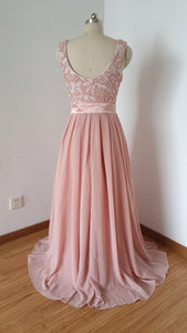 Scoop Long Dusty Rose Lace Chiffon Prom Dress