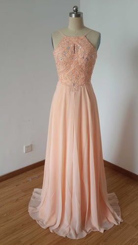 Backless Spaghetti Straps Light Peach Chiffon Long Prom Dress