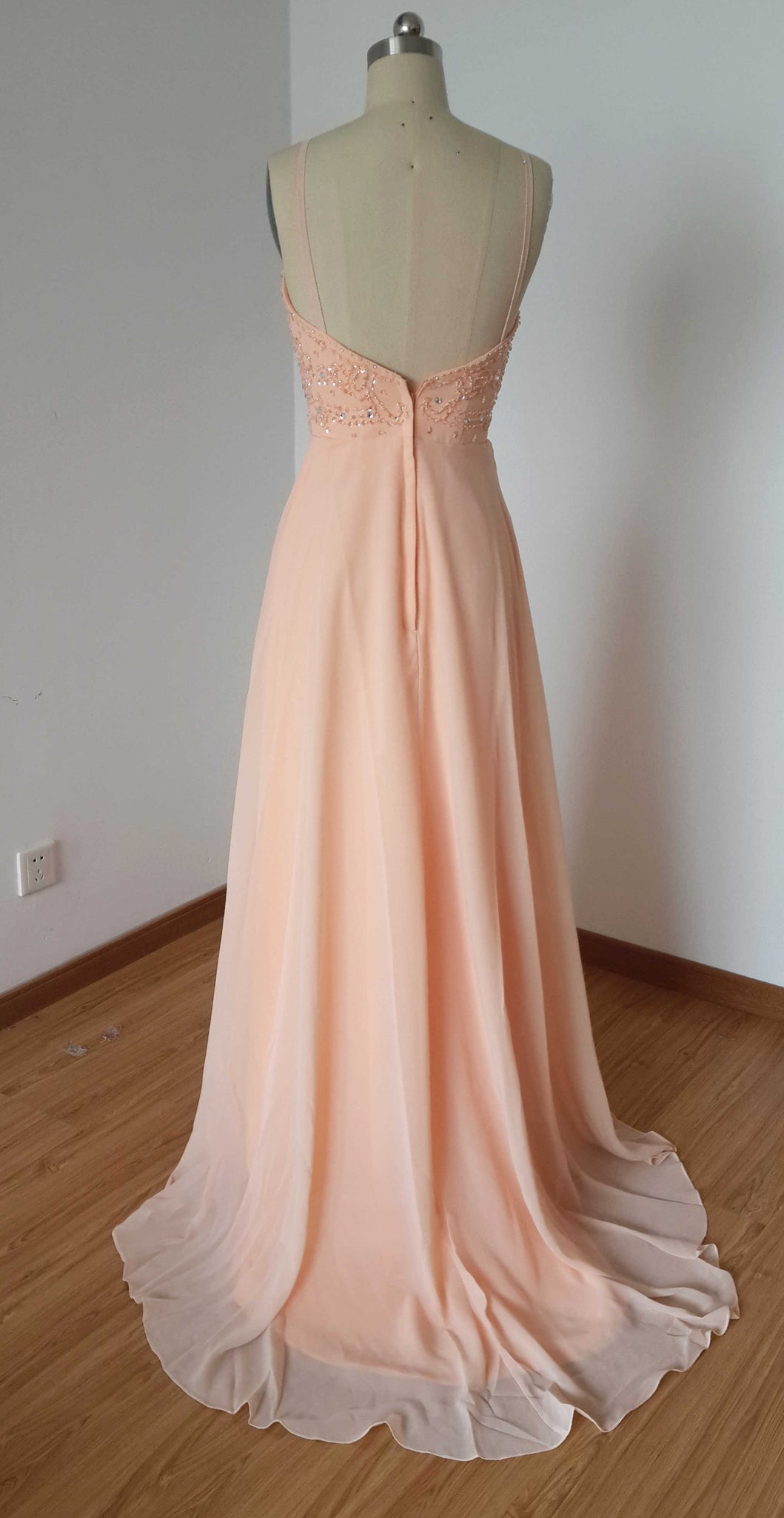Backless Spaghetti Straps Light Peach Chiffon Long Prom Dress 14 / Sample Color Backless Spaghetti Straps Light Peach Chiffon Long Prom Dress 14 / Sample Color