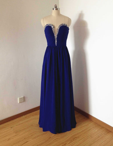 Beaded Sexy V-neck Royal Blue Chiffon Long Prom Dress