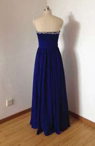 Beaded Sexy V-neck Royal Blue Chiffon Long Prom Dress