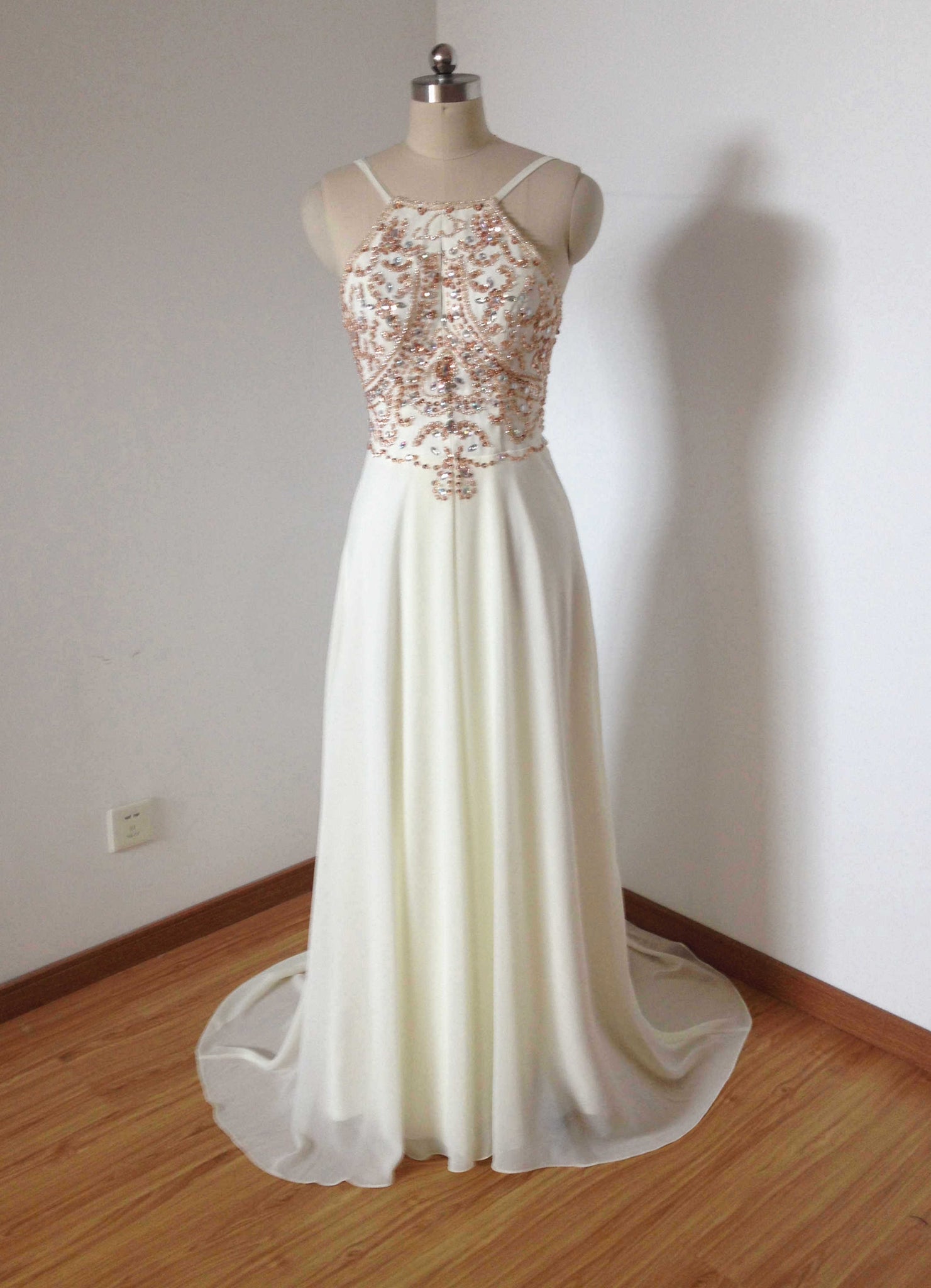 Backless Spaghetti Straps Cream Chiffon Beaded Long Prom Dress with Long Train 10 / Green Backless Spaghetti Straps Cream Chiffon Beaded Long Prom Dress with Long Train 10 / Green