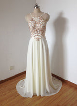 Load image into Gallery viewer, Backless Spaghetti Straps Cream Chiffon Beaded Long Prom Dress with Long Train