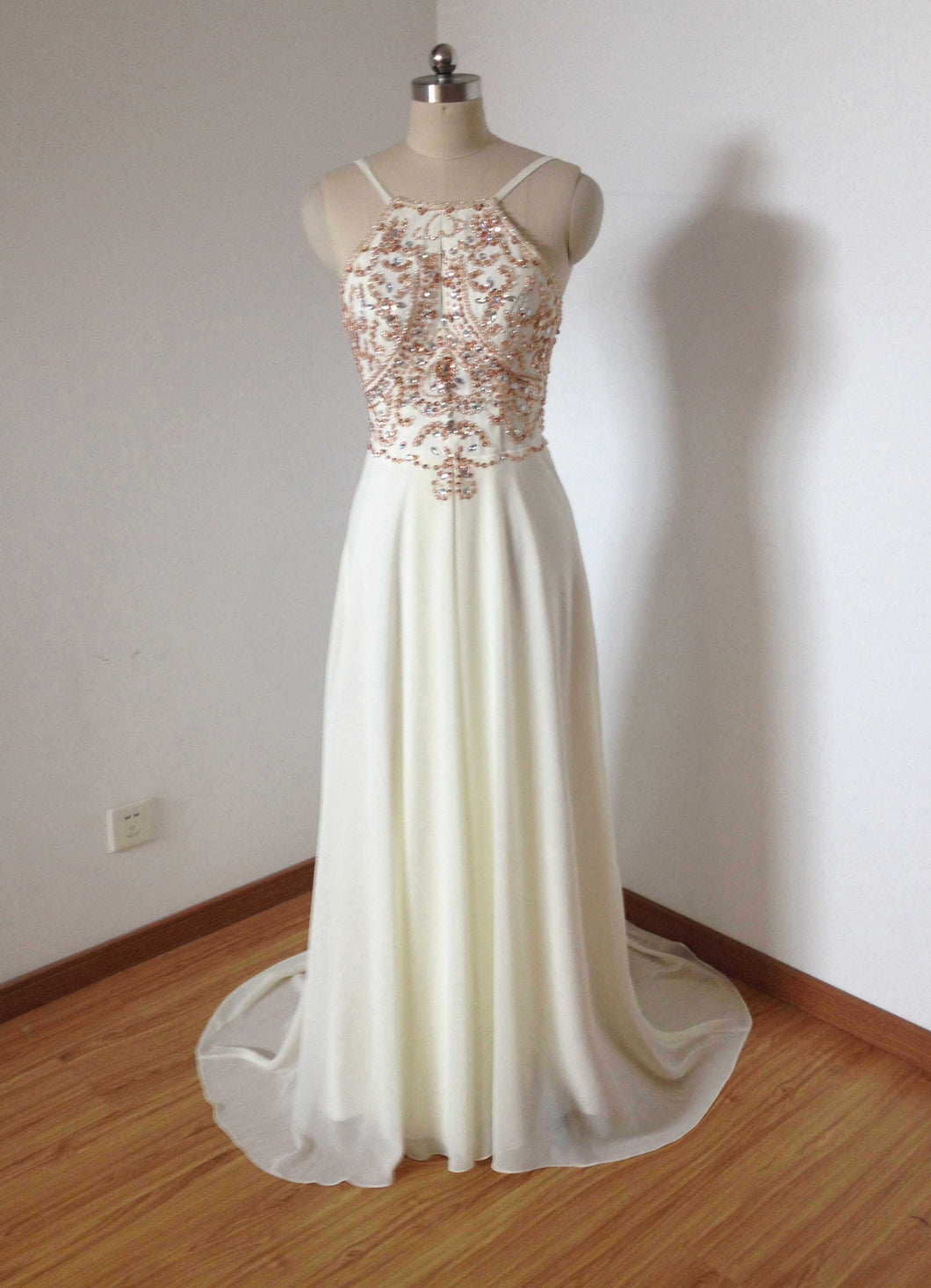 Backless Spaghetti Straps Cream Chiffon Beaded Long Prom Dress with Long Train