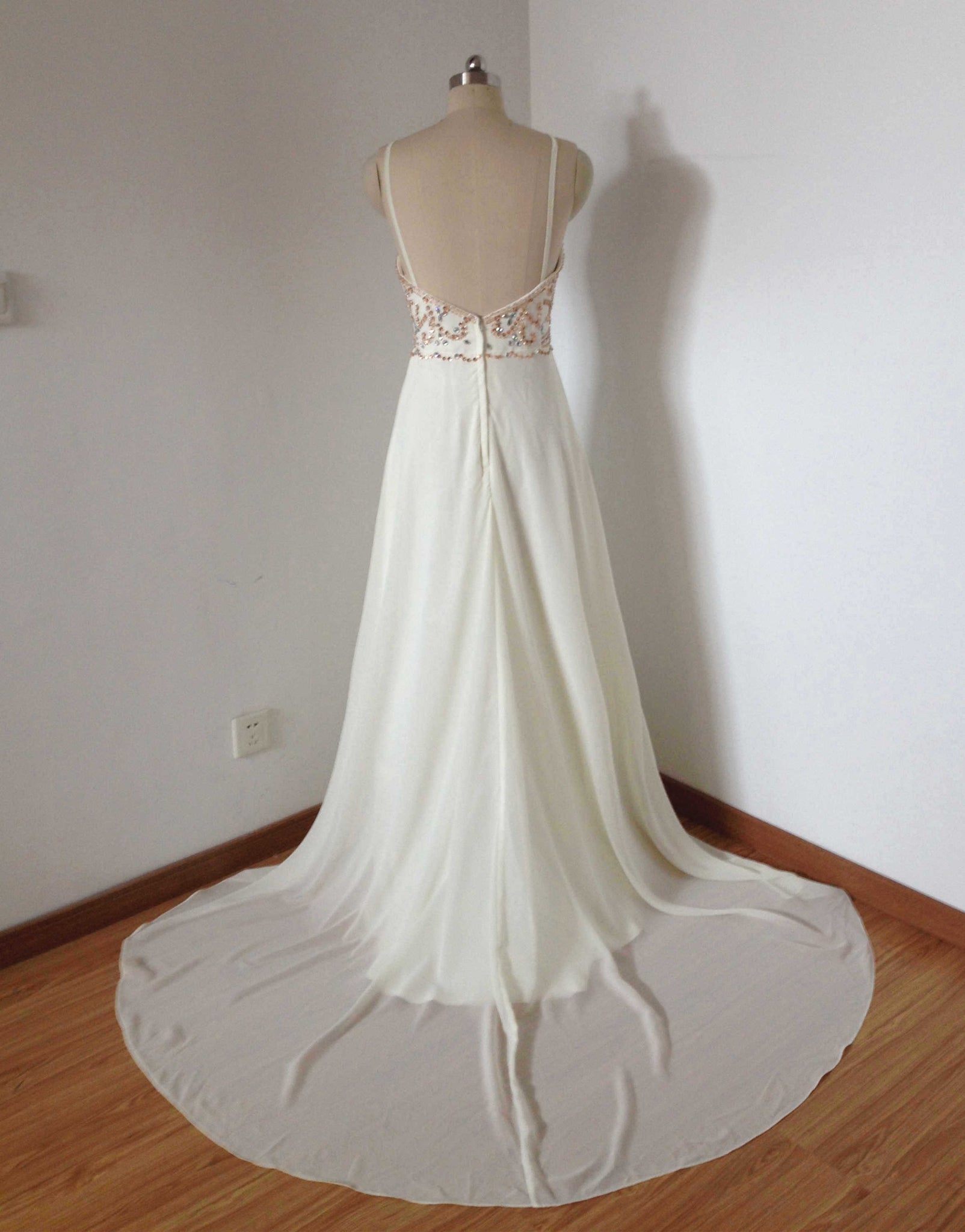 Backless Spaghetti Straps Cream Chiffon Beaded Long Prom Dress with Long Train 10 / Green Backless Spaghetti Straps Cream Chiffon Beaded Long Prom Dress with Long Train 10 / Green